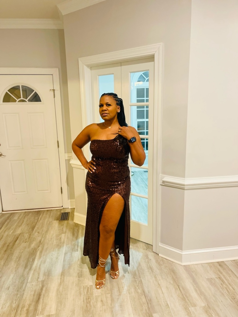 Strapless Sequin High-Slit Evening Gown in Dark Brown